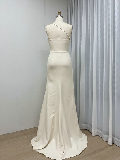 One-Shoulder Ruched Satin Evening Gown - High Slit Formal Dress in Apricot MC20060