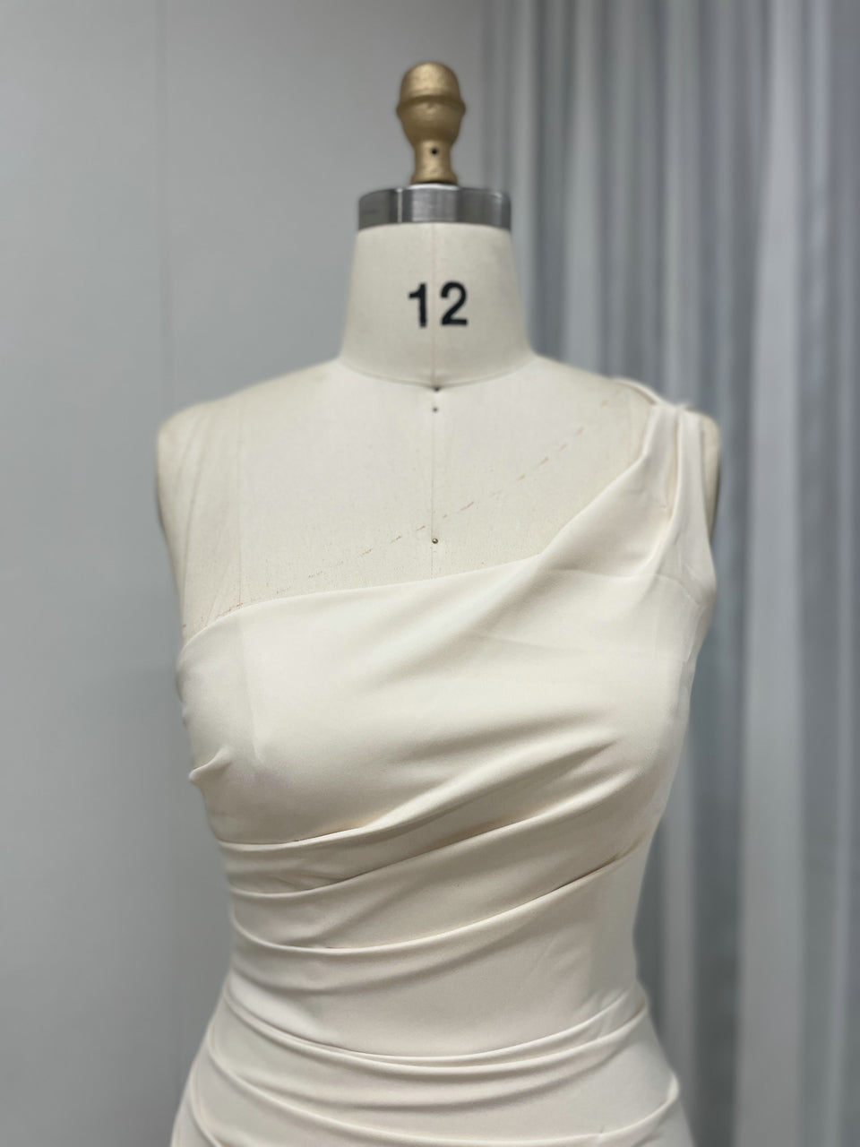 One-Shoulder Ruched Satin Evening Gown - High Slit Formal Dress in Apricot MC20060