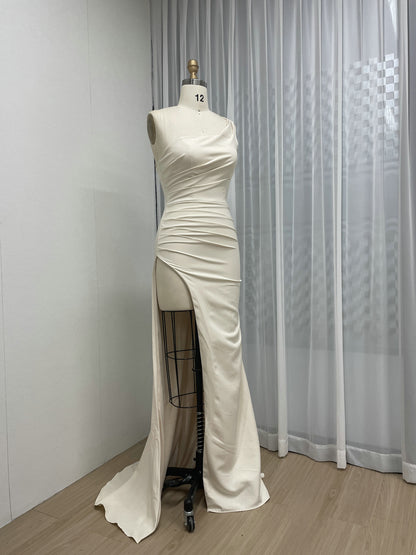 One-Shoulder Ruched Satin Evening Gown - High Slit Formal Dress in Apricot MC20060