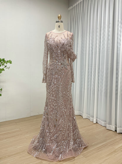 Green Handmade Beading Illusion Long Sleeve Mermaid Evening Gown MC20062