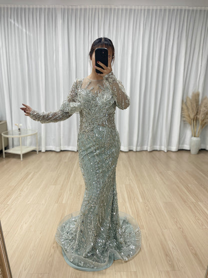 Green Handmade Beading Illusion Long Sleeve Mermaid Evening Gown MC20062