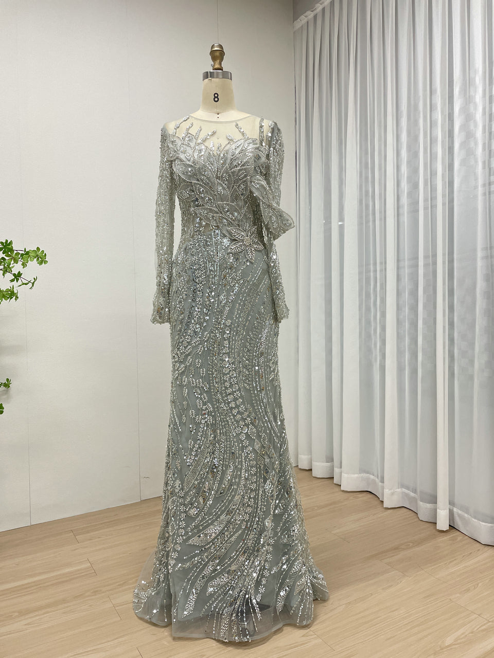 Green Handmade Beading Illusion Long Sleeve Mermaid Evening Gown MC20062