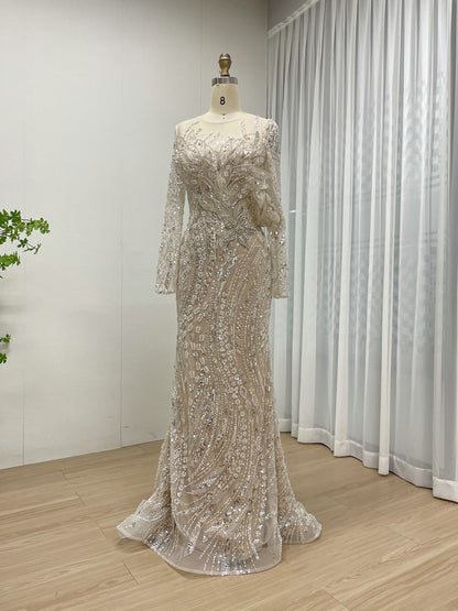 Green Handmade Beading Illusion Long Sleeve Mermaid Evening Gown MC20062
