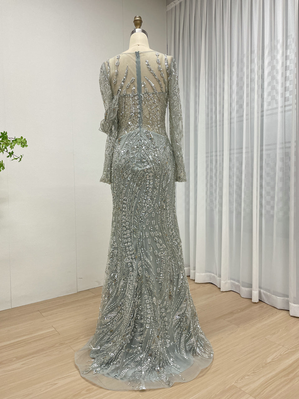 Green Handmade Beading Illusion Long Sleeve Mermaid Evening Gown MC20062