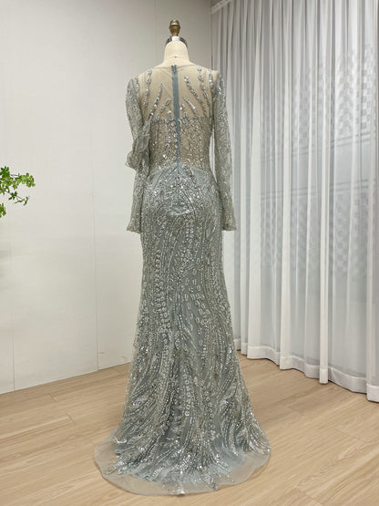 Green Handmade Beading Illusion Long Sleeve Mermaid Evening Gown MC20062