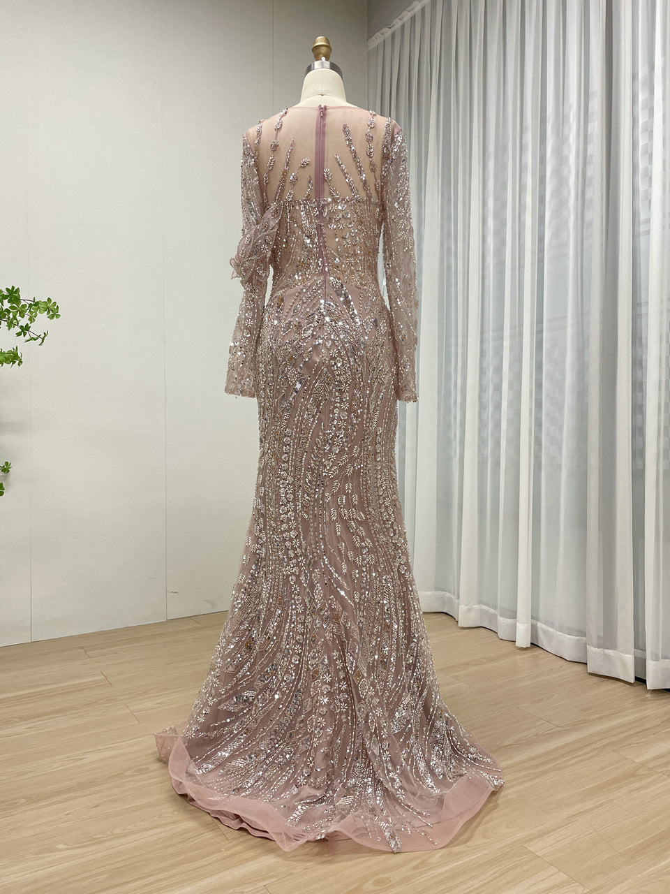Green Handmade Beading Illusion Long Sleeve Mermaid Evening Gown MC20062
