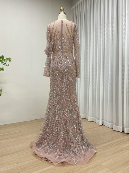 Green Handmade Beading Illusion Long Sleeve Mermaid Evening Gown MC20062