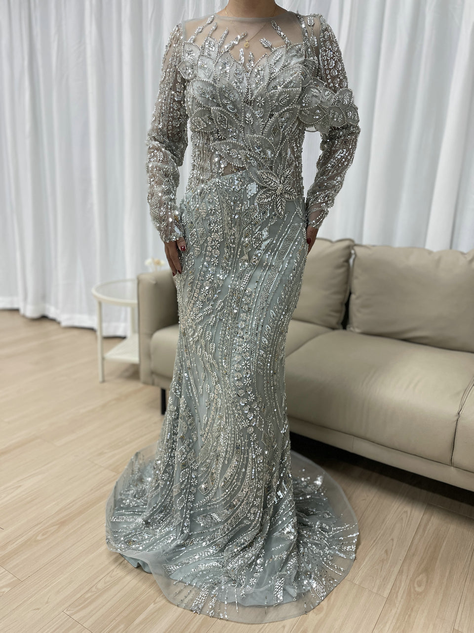 Green Handmade Beading Illusion Long Sleeve Mermaid Evening Gown MC20062