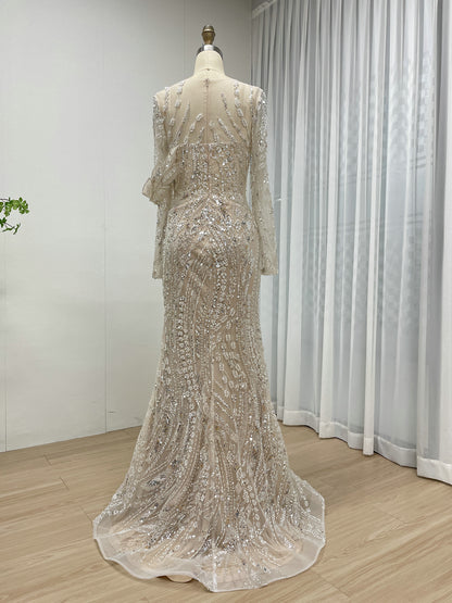 Green Handmade Beading Illusion Long Sleeve Mermaid Evening Gown MC20062