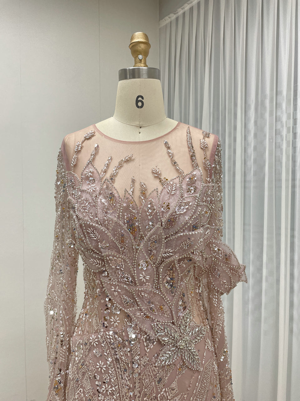 Green Handmade Beading Illusion Long Sleeve Mermaid Evening Gown MC20062
