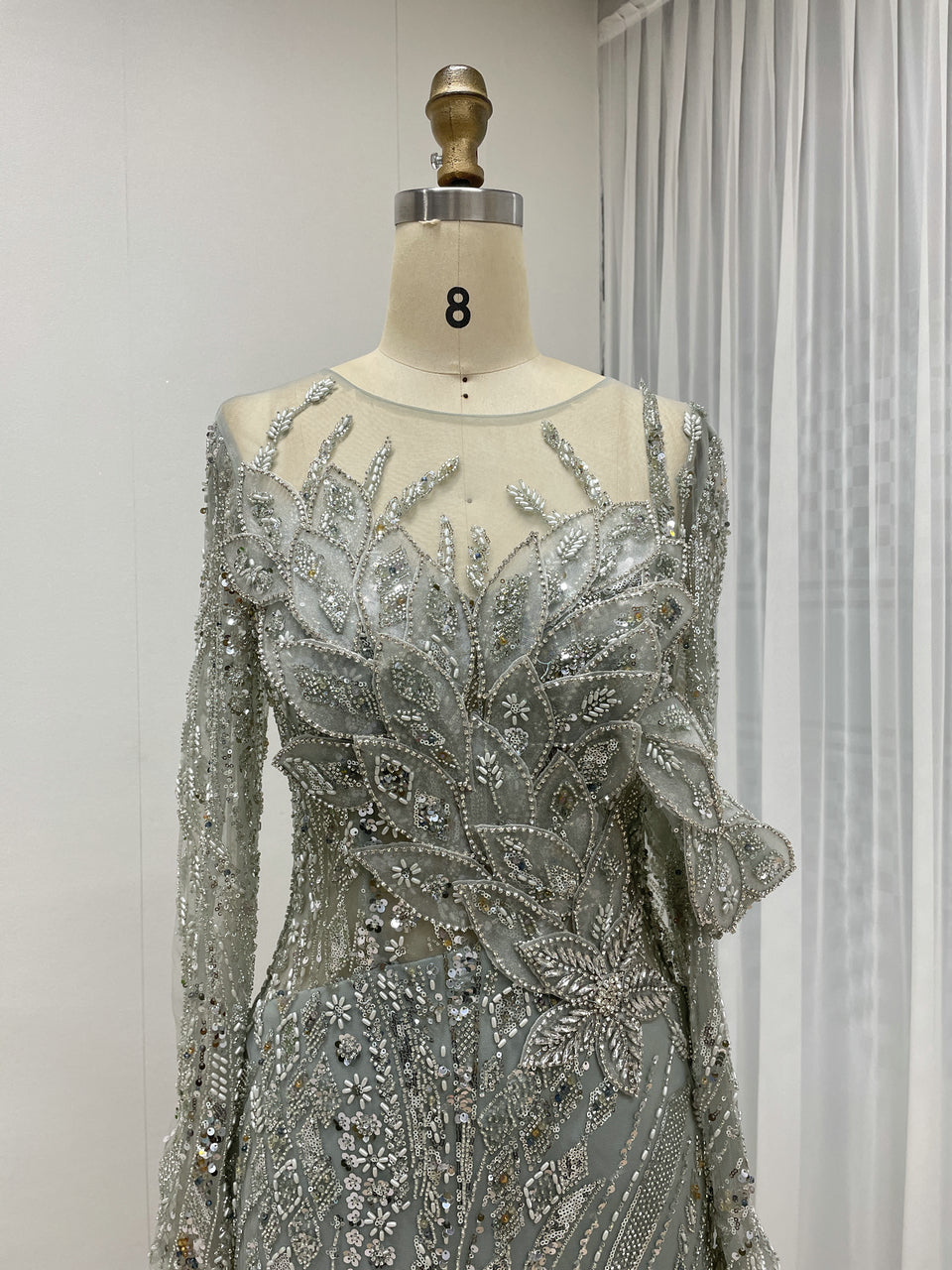 Green Handmade Beading Illusion Long Sleeve Mermaid Evening Gown MC20062