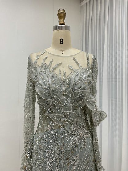 Green Handmade Beading Illusion Long Sleeve Mermaid Evening Gown MC20062