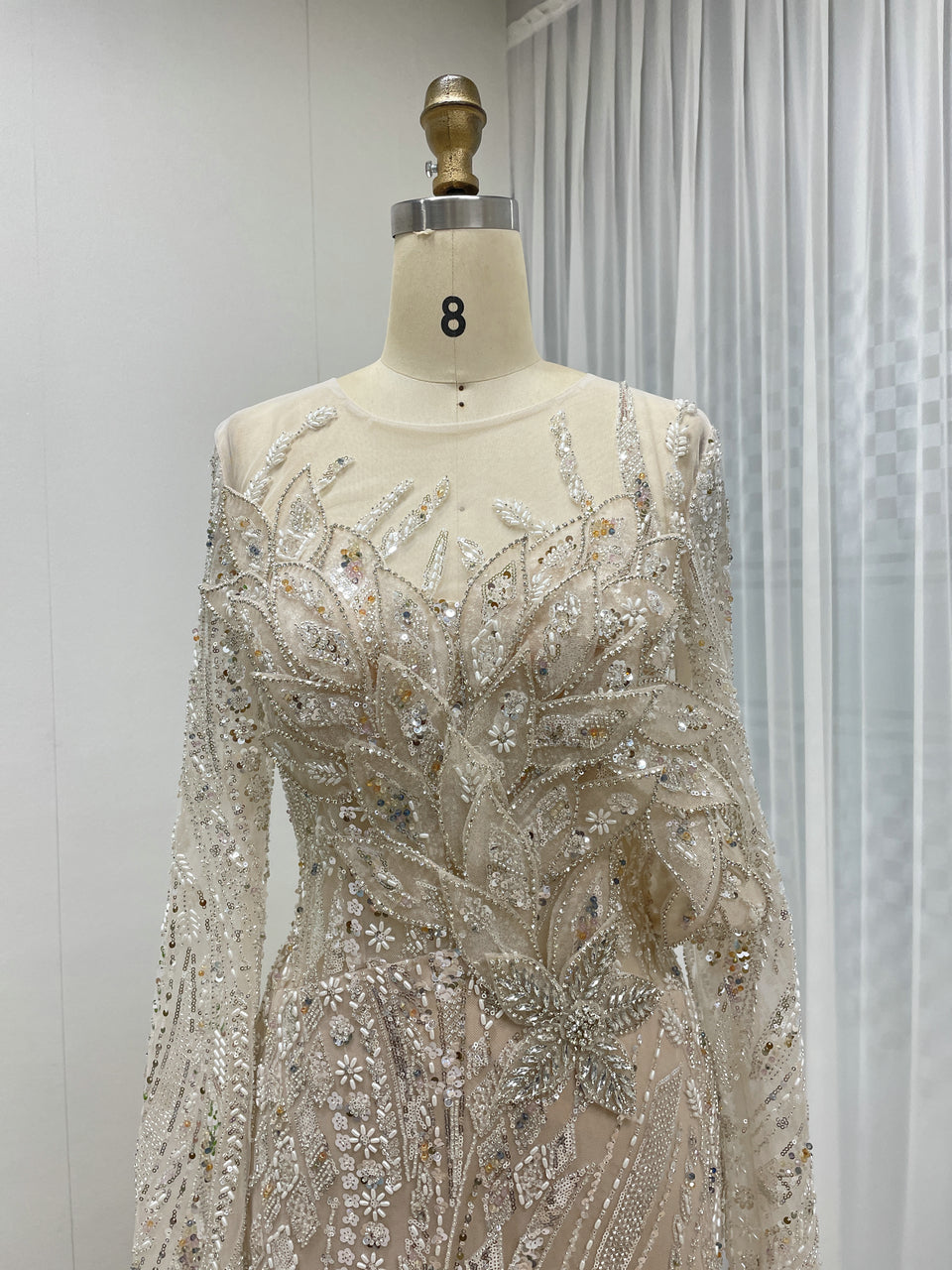 Green Handmade Beading Illusion Long Sleeve Mermaid Evening Gown MC20062