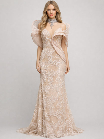 Blush Pink Sequin Lace Mermaid Evening Gown with Dramatic Ruffle Shoulders MC20065