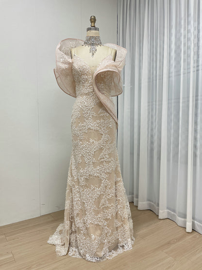 Blush Pink Sequin Lace Mermaid Evening Gown with Dramatic Ruffle Shoulders MC20065