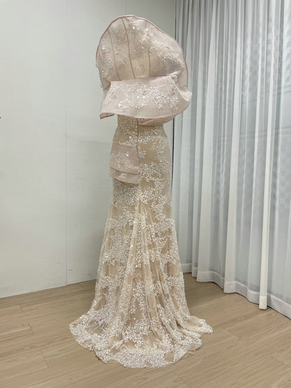 Blush Pink Sequin Lace Mermaid Evening Gown with Dramatic Ruffle Shoulders MC20065