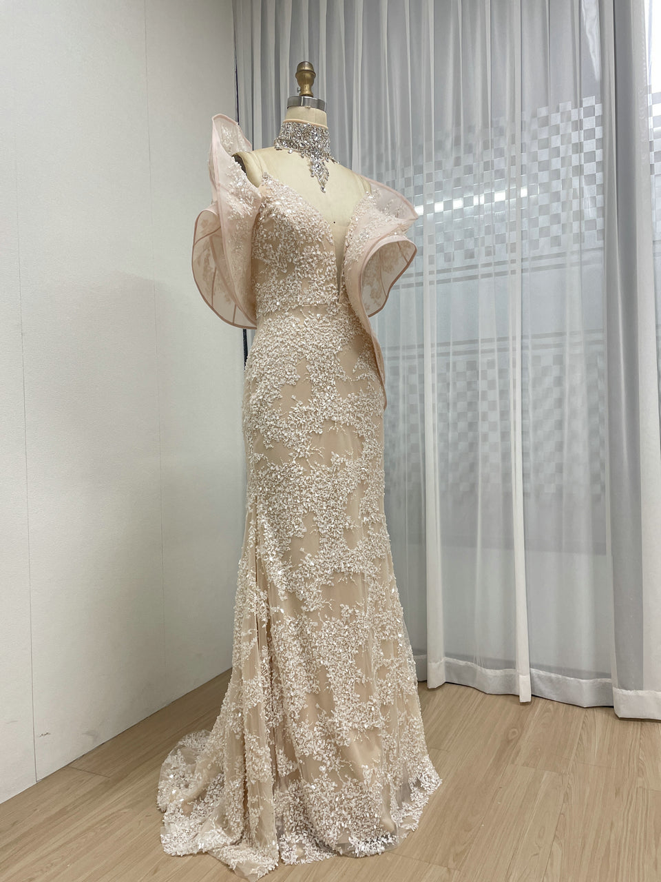 Blush Pink Sequin Lace Mermaid Evening Gown with Dramatic Ruffle Shoulders MC20065