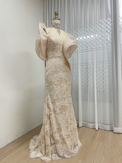 Blush Pink Sequin Lace Mermaid Evening Gown with Dramatic Ruffle Shoulders MC20065