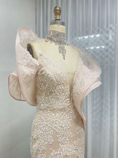 Blush Pink Sequin Lace Mermaid Evening Gown with Dramatic Ruffle Shoulders MC20065