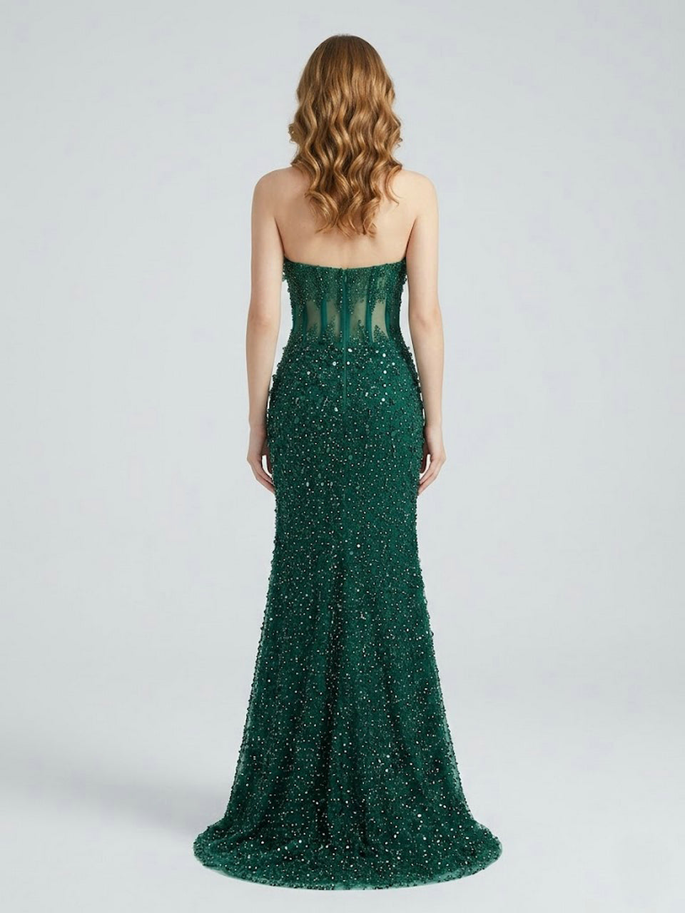 Emerald Green Beaded Mermaid Prom Dress 2026 - Sheer Corset Evening Gown MC20067