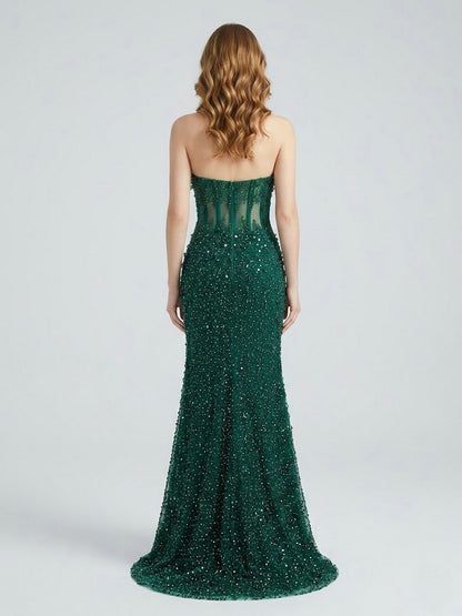 Emerald Green Beaded Mermaid Prom Dress 2026 - Sheer Corset Evening Gown MC20067