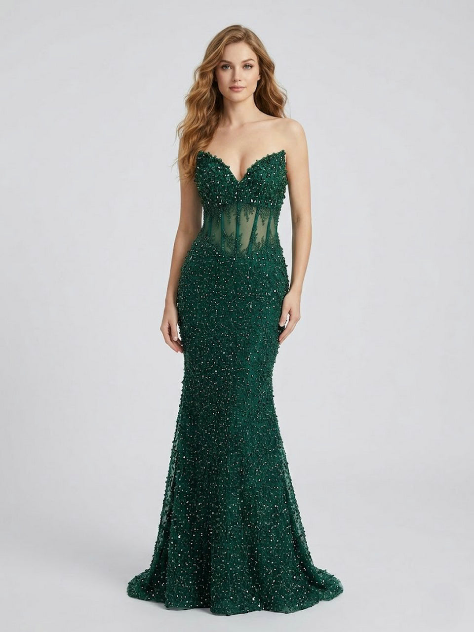 Emerald Green Beaded Mermaid Prom Dress 2026 - Sheer Corset Evening Gown MC20067