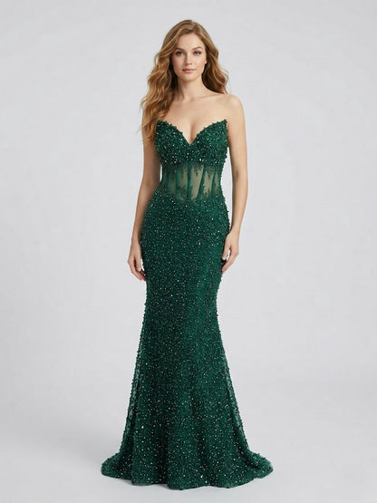 Emerald Green Beaded Mermaid Prom Dress 2026 - Sheer Corset Evening Gown MC20067