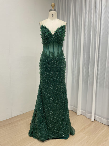 Emerald Green Beaded Mermaid Prom Dress 2026 - Sheer Corset Evening Gown MC20067