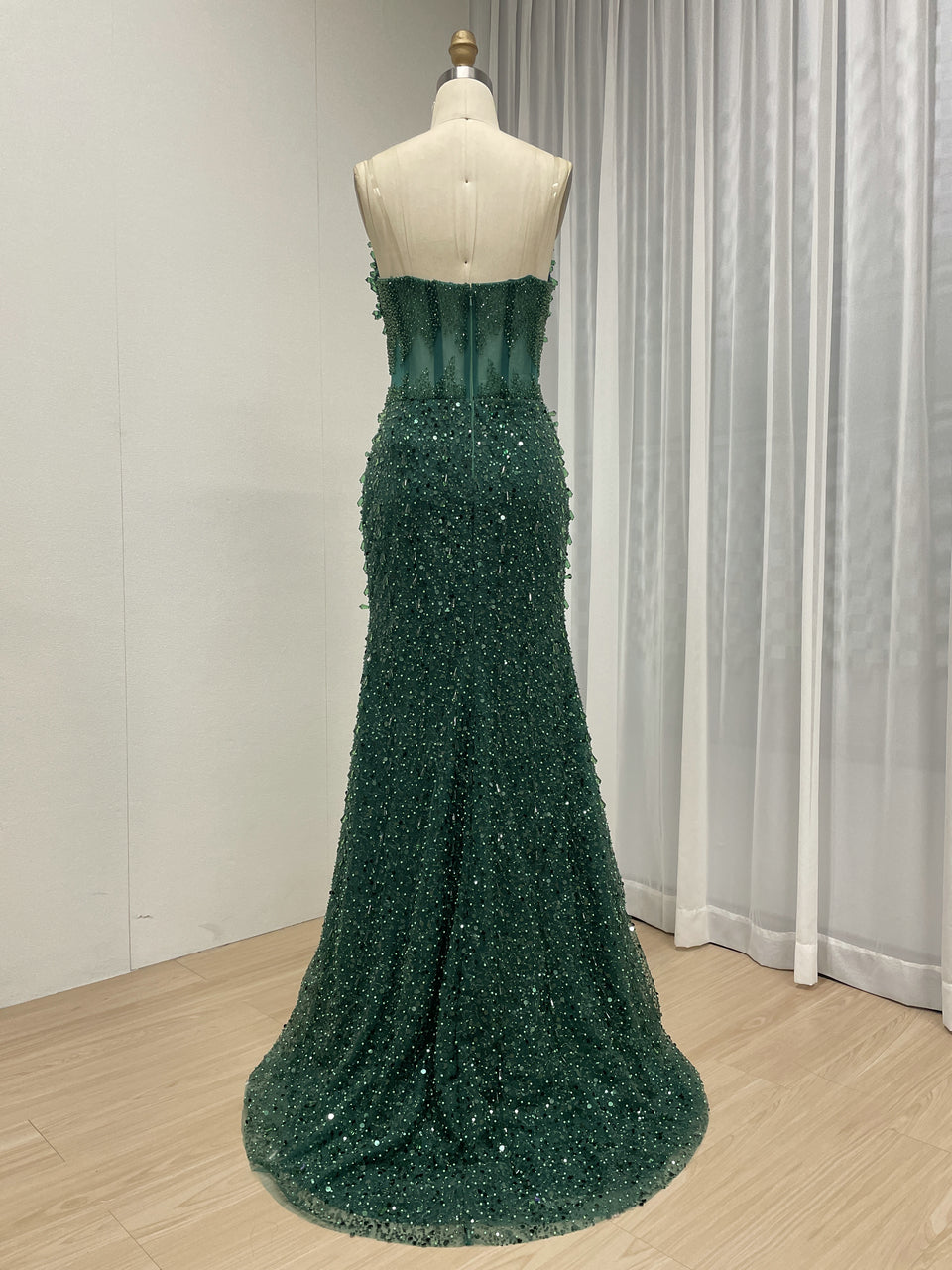 Emerald Green Beaded Mermaid Prom Dress 2026 - Sheer Corset Evening Gown MC20067