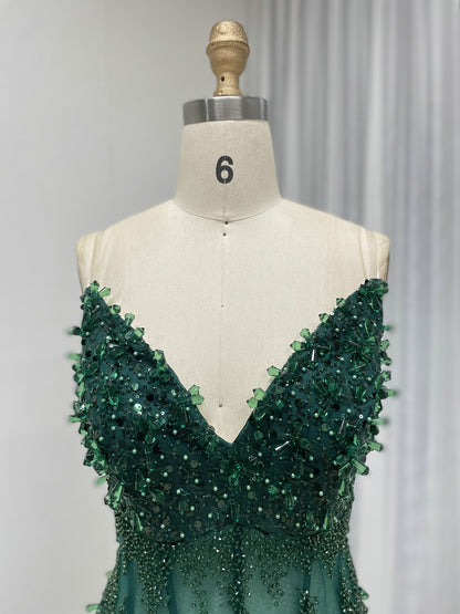 Emerald Green Beaded Mermaid Prom Dress 2026 - Sheer Corset Evening Gown MC20067