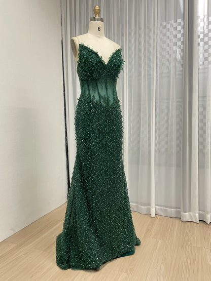 Emerald Green Beaded Mermaid Prom Dress 2026 - Sheer Corset Evening Gown MC20067
