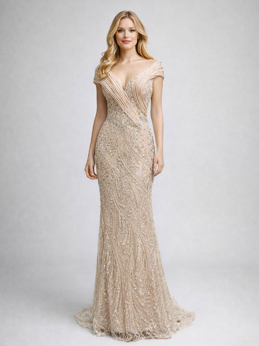 Champagne Beaded Mermaid Evening Gown - Pleated Off-Shoulder Gala Dress MC20069