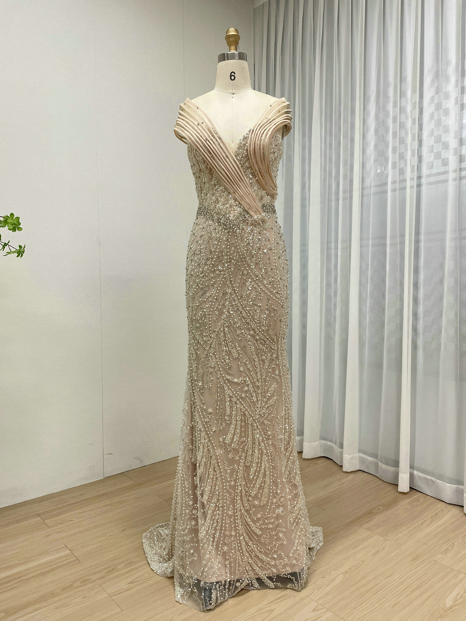 Champagne Beaded Mermaid Evening Gown - Pleated Off-Shoulder Gala Dres DESIRE DRESS Champagne Beaded Mermaid Evening Gown - Pleated Off-Shoulder Gala Dres DESIRE DRESS