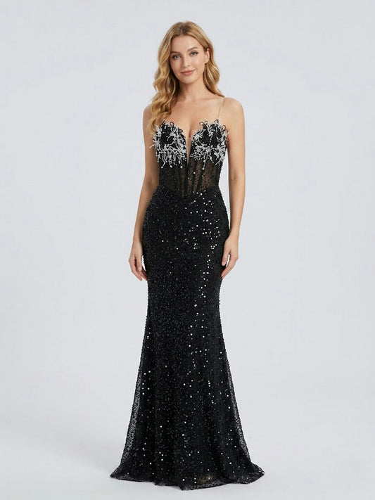 Black Mermaid Prom Dress - Crystal Beaded Corset Evening Gown - MC20070