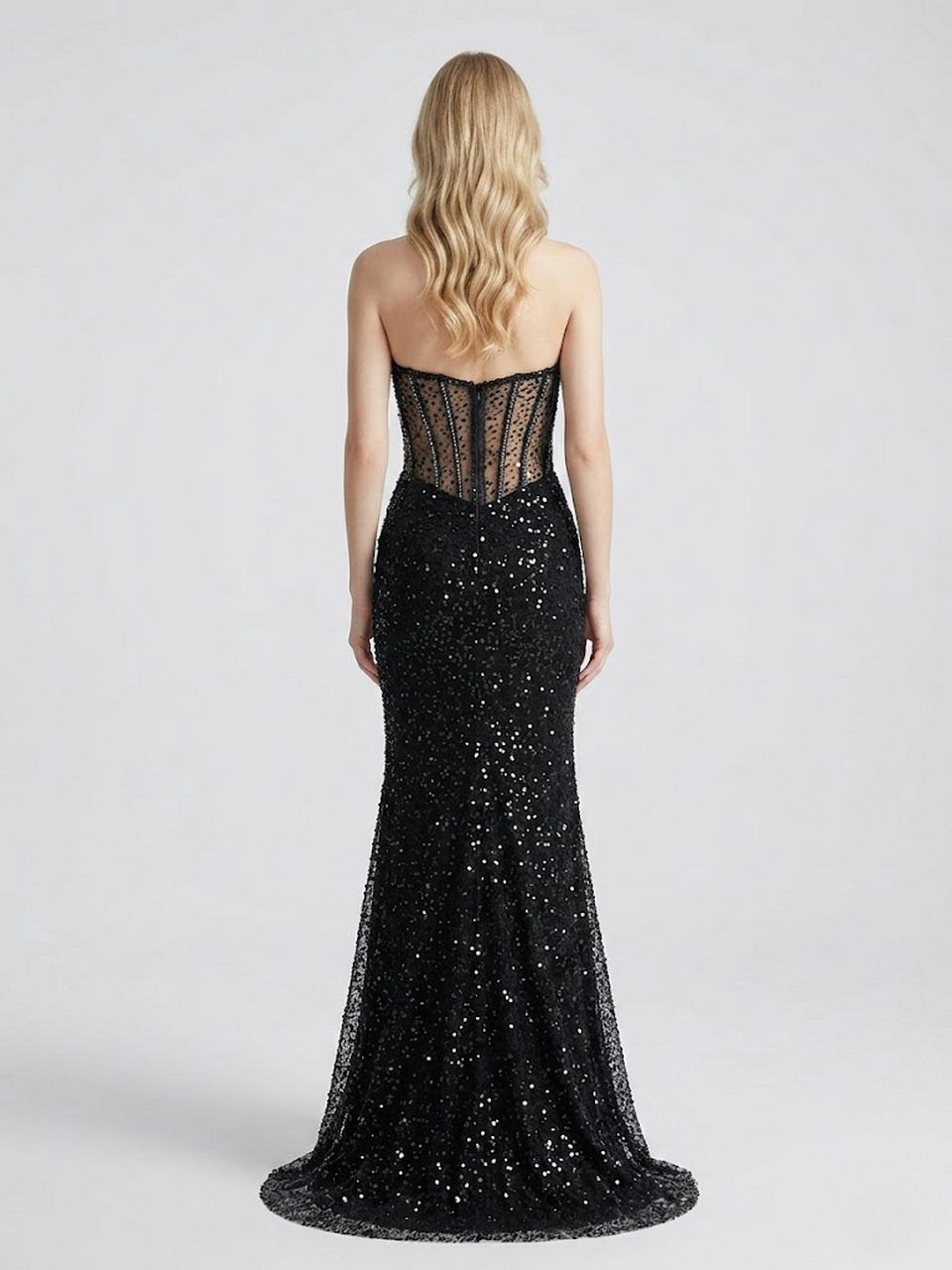 Black Mermaid Prom Dress - Crystal Beaded Corset Evening Gown - MC20070