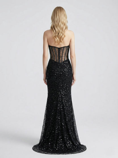 Black Mermaid Prom Dress - Crystal Beaded Corset Evening Gown - MC20070
