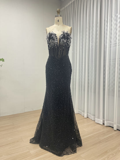 Black Mermaid Prom Dress - Crystal Beaded Corset Evening Gown - MC20070