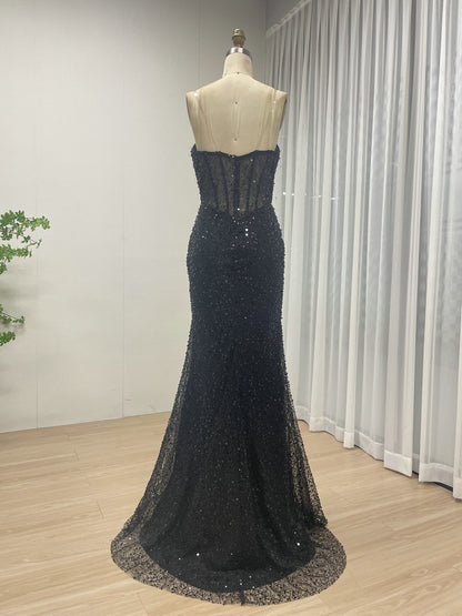 Black Mermaid Prom Dress - Crystal Beaded Corset Evening Gown - MC20070