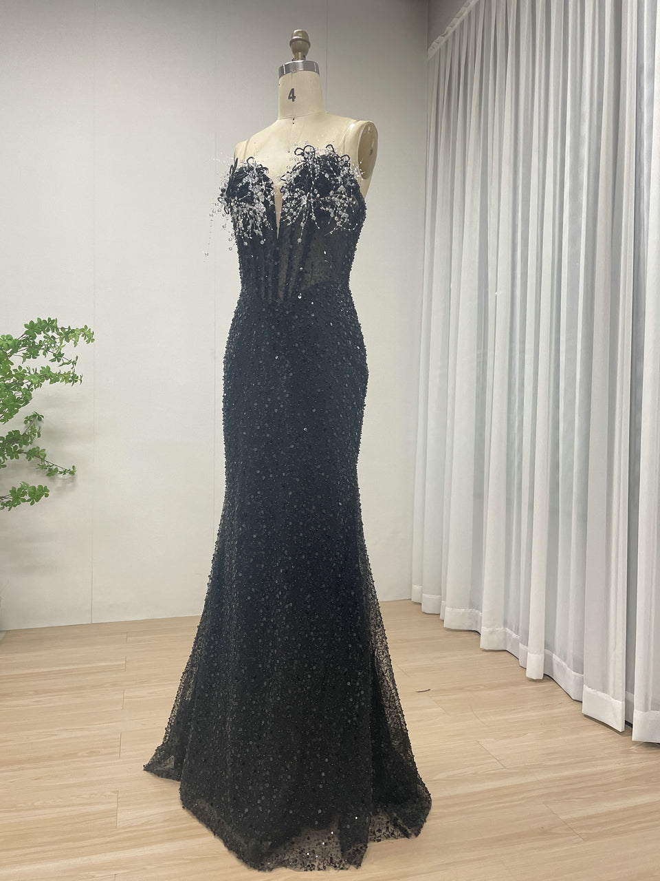 Black Mermaid Prom Dress - Crystal Beaded Corset Evening Gown - MC20070