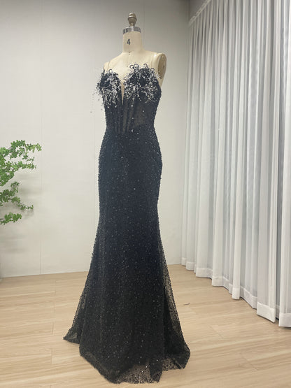 Black Mermaid Prom Dress - Crystal Beaded Corset Evening Gown - MC20070