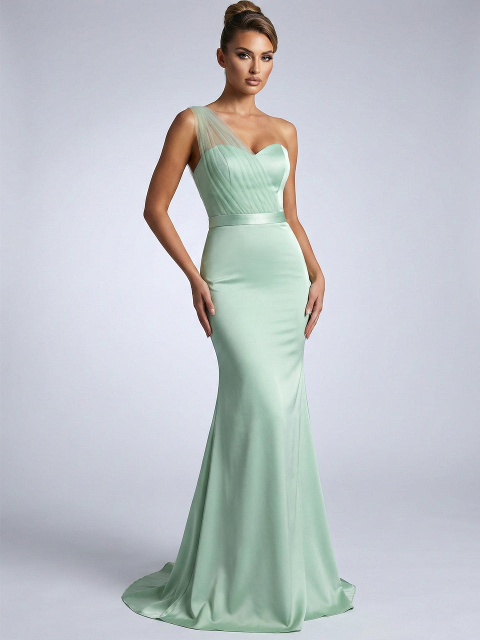 Mint One-Shoulder Tulle Mermaid Evening Gown - Formal Prom Dress MC20072