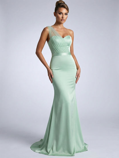 Mint One-Shoulder Tulle Mermaid Evening Gown - Formal Prom Dress MC20072