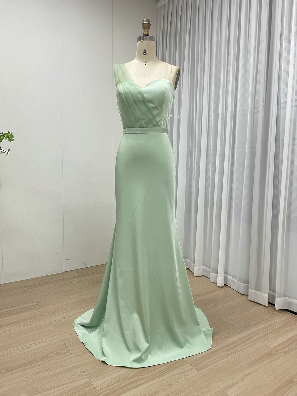 Mint One-Shoulder Tulle Mermaid Evening Gown - Formal Prom Dress MC20072