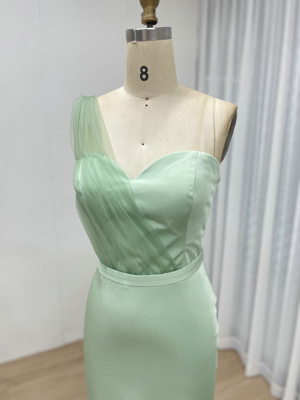 Mint One-Shoulder Tulle Mermaid Evening Gown - Formal Prom Dress MC20072