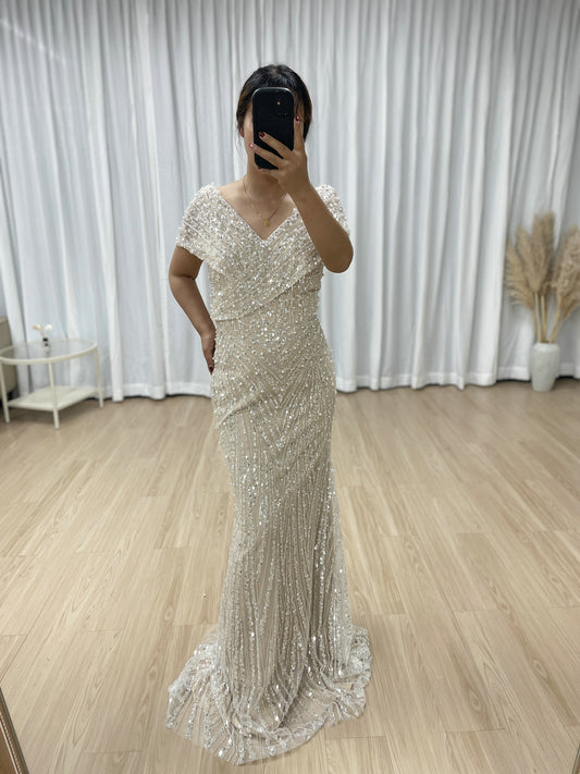 Art Deco Geometric Beaded Off-The-Shoulder Evening Gown MC20073