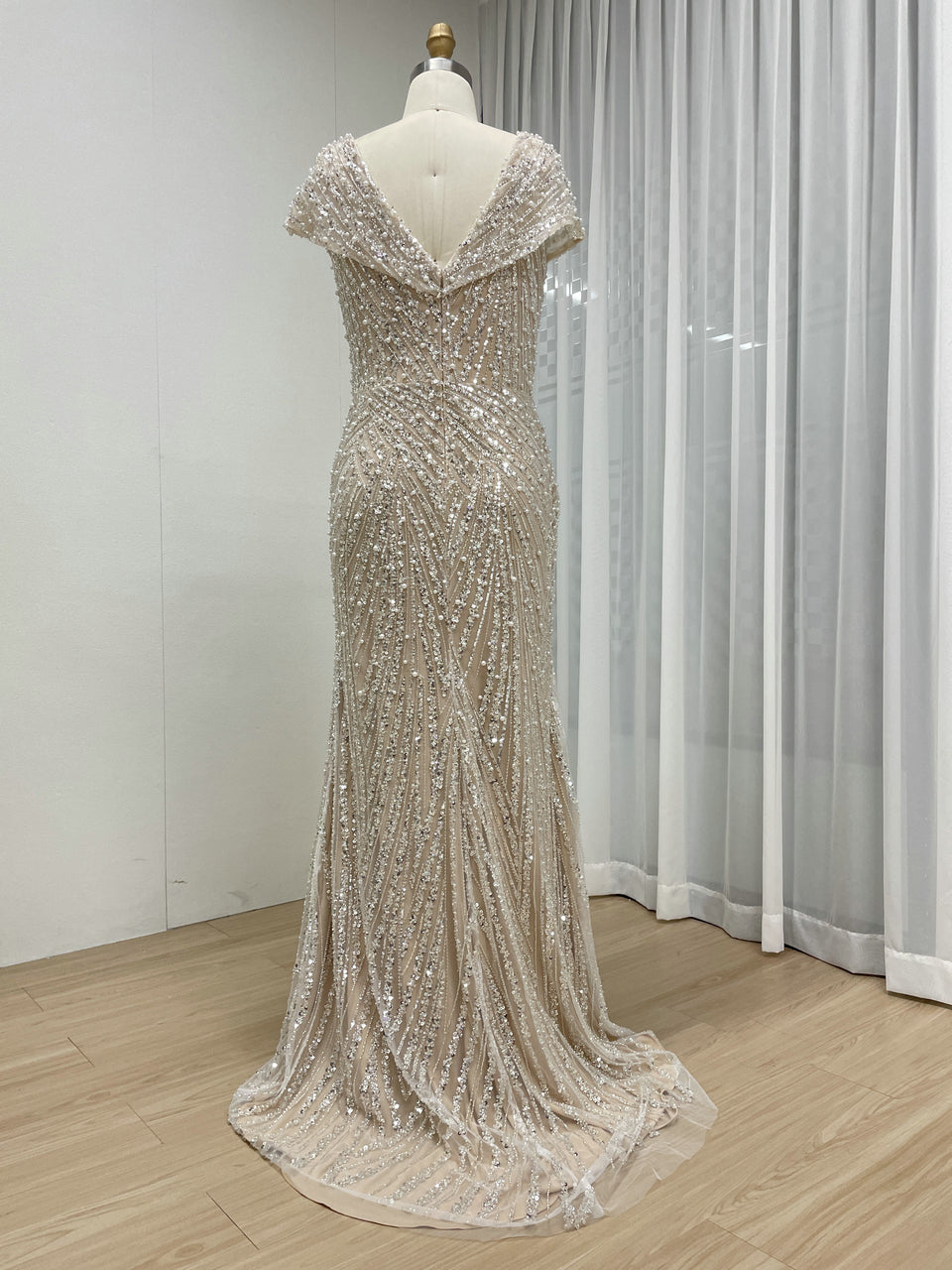 Art Deco Geometric Beaded Off-The-Shoulder Evening Gown MC20073