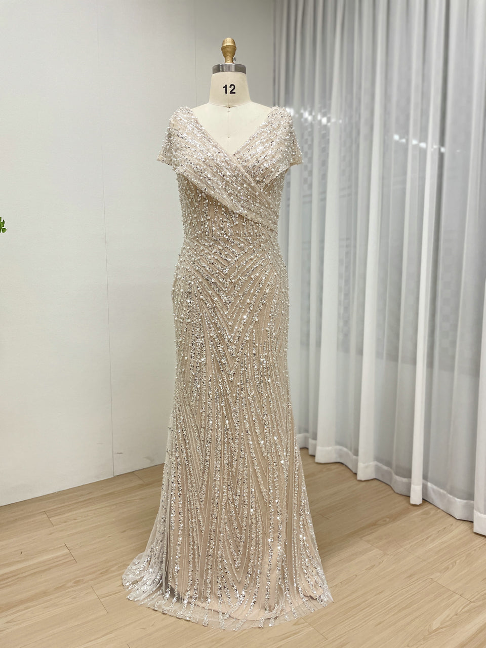 Art Deco Geometric Beaded Off-The-Shoulder Evening Gown MC20073