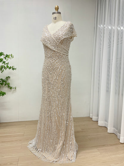 Art Deco Geometric Beaded Off-The-Shoulder Evening Gown MC20073