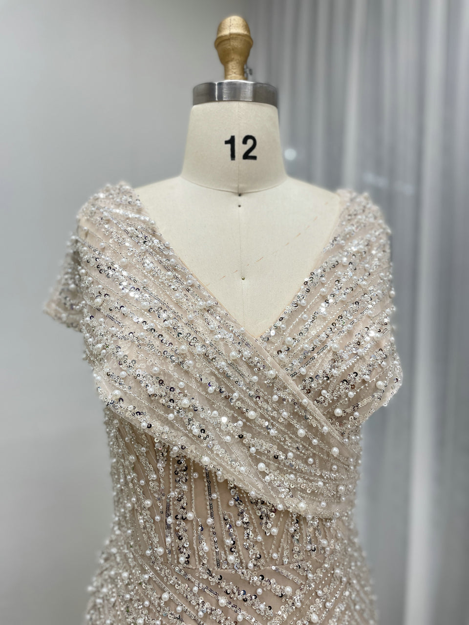 Art Deco Geometric Beaded Off-The-Shoulder Evening Gown MC20073