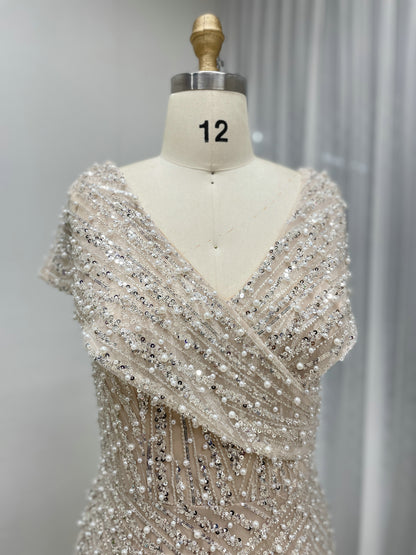 Art Deco Geometric Beaded Off-The-Shoulder Evening Gown MC20073